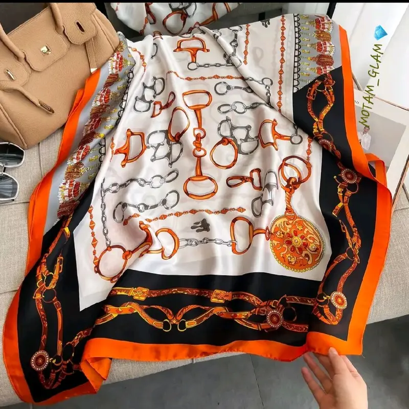 Elegant Horsebit & Chains Satin Scarf in Cream/Orange for Women 1