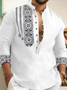 Men's Ethnic Pattern Half Button Shirt, Regular Fit Boho Fashion Long Sleeve Top for Spring & Fall, Men's Clothes for Daily Wear