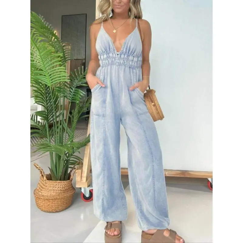 Women's Plain Backless Denim Cami Jumpsuit, Casual Pocket Wide Leg Jumpsuit for Daily Wear, Ladies All Seasons Clothes, Womenswear