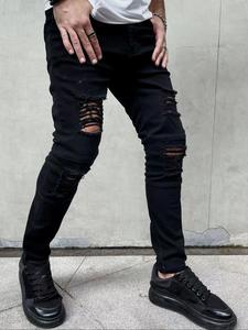 Men's Solid Ripped Knee Skinny Jeans, Casual Comfy Denim Pants for Daily Wear, Fashion Men's Bottoms for All Seasons, Cotton