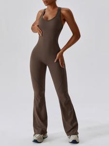 Women's Solid Cut Out Backless Sports Tummy Control Jumpsuit, Quick Drying U Neck Sleeveless Jumpsuit for Yoga Gym Workout, Ladies Sportswear, Sporty Comfy Jumpsuit