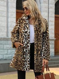 Women's Leopard Print Long Sleeve Faux Fur Coat, 1 Count Casual Open Front Outerwear for Fall & Winter, Women's Clothing for Daily Wear