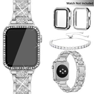 Rhinestone Decor Watch Band & Jewelry Bracelet Set, 4 Counts/Set Watch Band with 2 Bling Case Cover, Watch Accessories for Apple Watch 9 8 7 6 5 4 3 2 1 SE