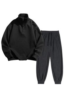 Men's Solid Zip Up Sweatshirt & Pants Two-piece Set, Casual Long Sleeve Half Zip Pullover & Trousers for Spring & Fall, Men's Two-piece Outfits for Daily Wear