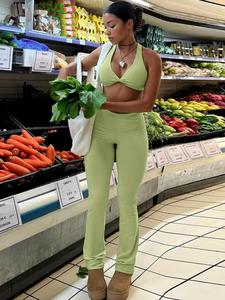 Women's Solid Criss Cross Backless Crop Tank Top & High Waist Flare Leg Pants Set, Ruched Twist Sleeveless Top & Trousers 2 Counts Set for Summer, Ladies Clothes for Daily Wear