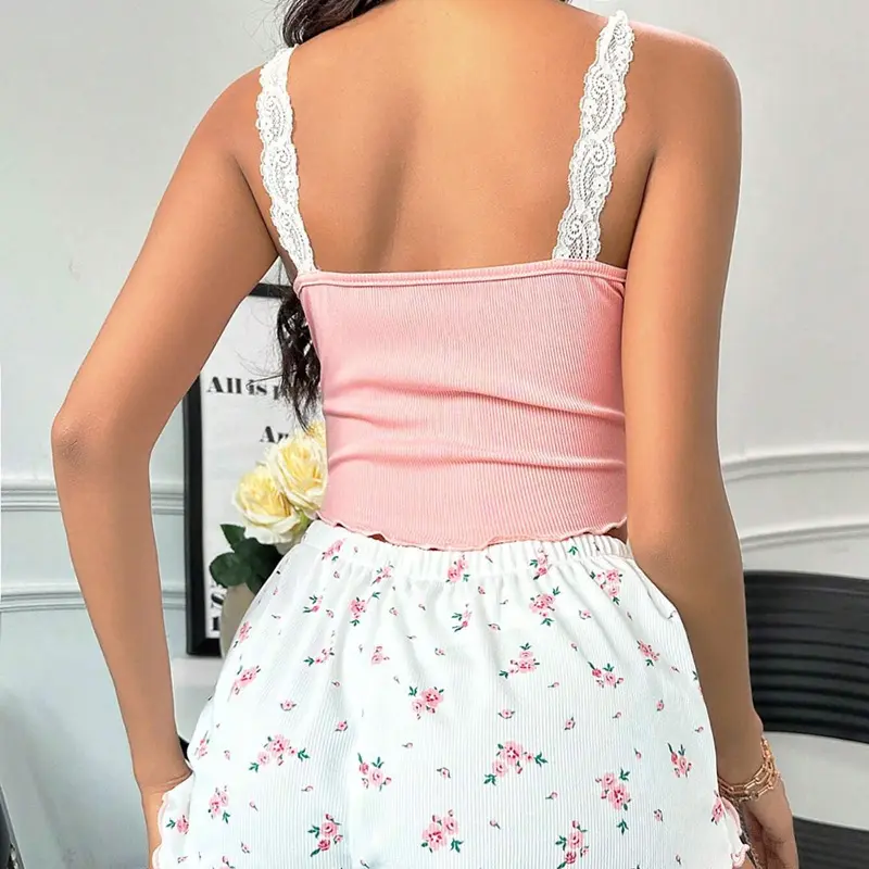 Women Pajama Set Lace Patchwork V-Neck Sleepwear Sexy Female Nighties Suit Cami Top Printed Shorts Soft Pyjamas Loungewear 2psc 1