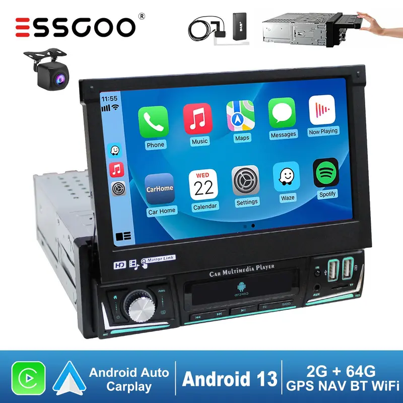 ESSGOO Single 1 DIN 7 Inch Flip Out Screen Android 13 Auto Car Stereo Radio Apple Carplay GPS Navigation Wifi FM RDS Bluetooth 7