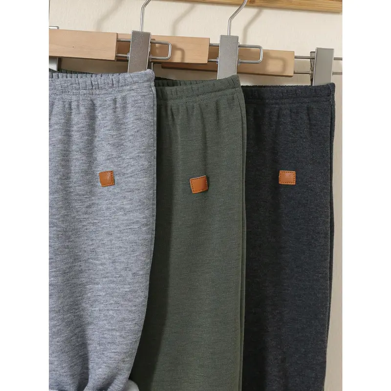 3pcs Baby Boy Casual Solid Color Thermal Lined Elastic Waist Pants, Suitable For Autumn/Winter 3