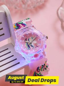 Kid's Cute Unicorn Design Quartz Watch, Trendy Luminous Silicone Strap Wristwatch for Girls, Fashionable Accessories As Gift without Box