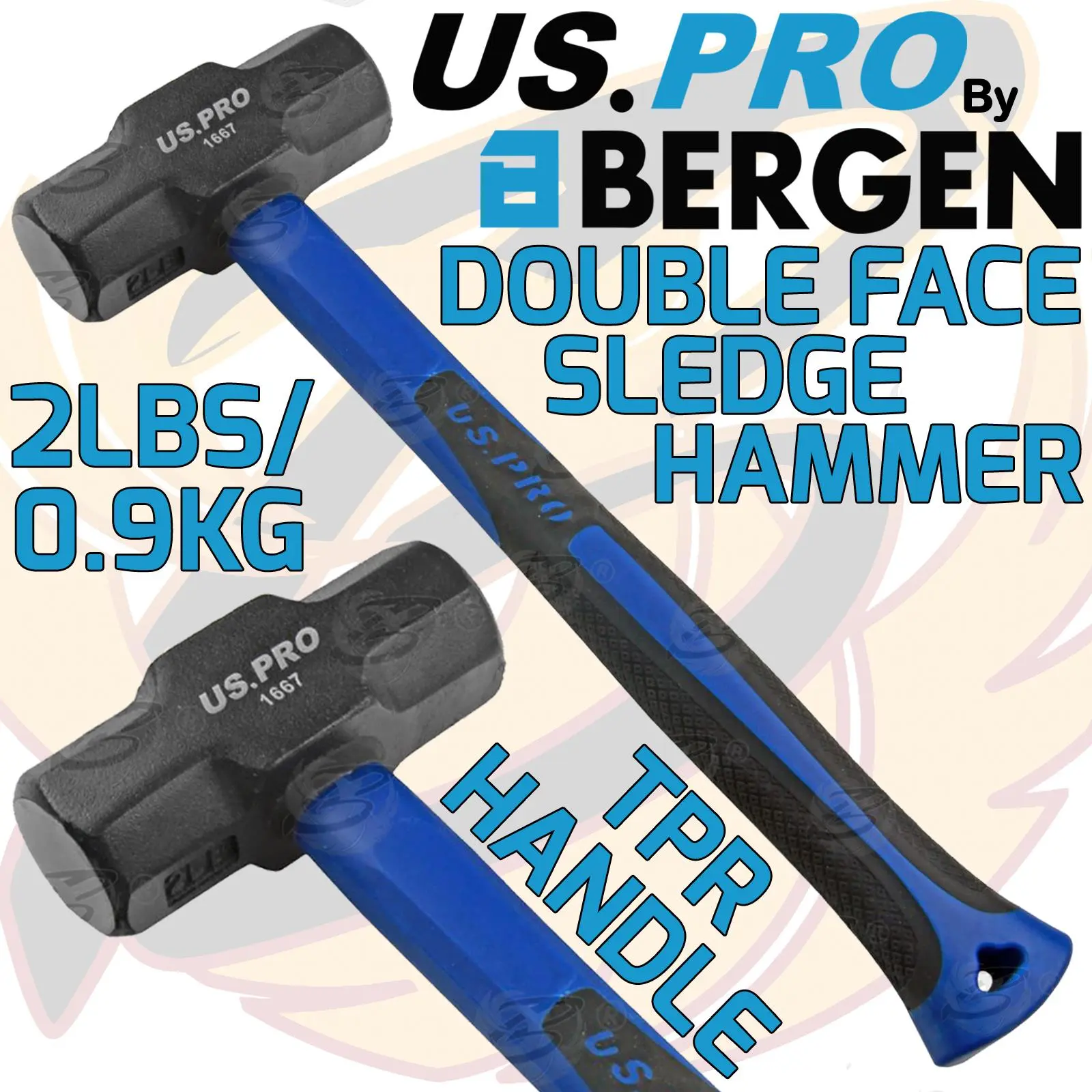 US PRO 2lbs Sledge Hammer Double Faced 0.9kg TPR Fibreglass Handle Sledge Hammer