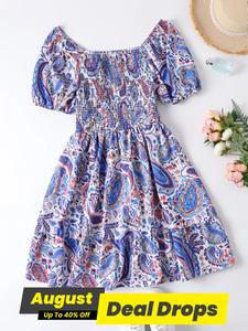 Plus Size Floral Print Puff Sleeve Shirred Ruffle Hem Dress, Casual Boho Chic Soft Summer Clothes Women, Plus Boho A Line Dress for Beach Holiday Wedding Guest, Lady's Summer Outfits, Bohemian Casual Wear