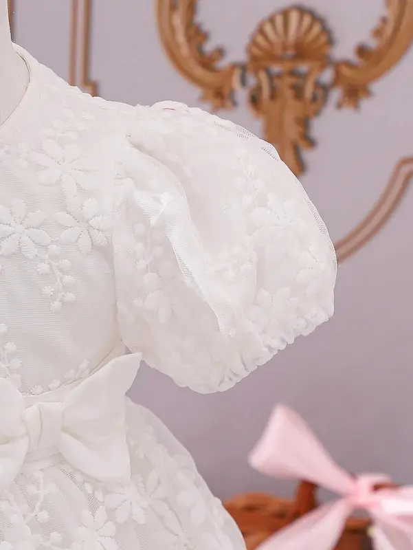 Baby Girl Sweet Embroidered Mesh Dress With Bowknot Decoration And Bubble Sleeves, Summer 3