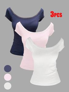 Women's Y2K Vintage Lace Trim Tee, Casual Short Sleeve T-shirt for Daily Wear, Ladies Clothes for All Seasons, Top, Womenswear