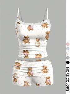Two-piece Set Women's Cartoon Bear Print Sleeveless Cami Top & Shorts, Casual Cute Spaghetti Strap Top & Shorts for Summer, Ladies Clothes for Daily Wear, Matching Outfits, Womenswear