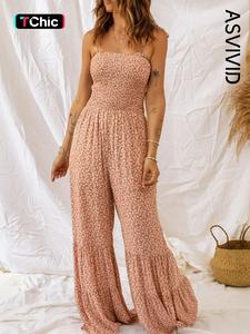 Women's Ditsy Floral Print Shirred Ruffle Hem Wide Leg Cami Jumpsuit, Boho Tie Shoulder Sleeveless Jumpsuit, Tie Front Jumpsuit for Beach Holiday Vacation, Ladies Summer Clothes, Camel