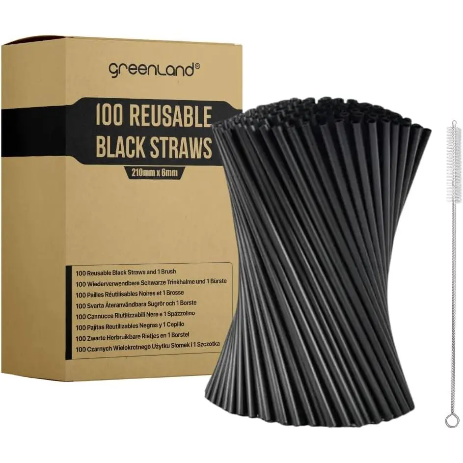 Greenland Pack of 100 Reusable Black Straws with Brush - 21 cm Long, 6mm Wide - Perfect for Cocktails, Milk, Juice, Tea (Drinking Straws)