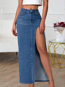 Women's Split Thigh  Denim Skirt, Casual Pocket Button  Long Skirt for Daily Wear, Ladies Bottoms for All Seasons