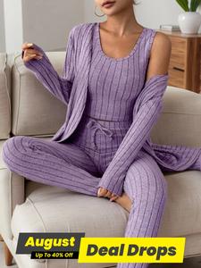 Women's Solid Ribbed Tank Top & Pants & Open Front Long Sleeve Outwear, Casual Basic Comfy Pyjama Set, Women's Sleepwear for Spring & Fall