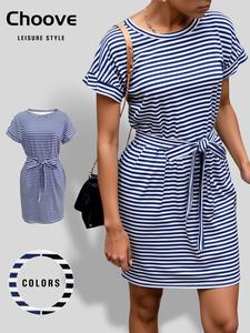 Women's Striped Print Tie Front Dress, Summer Outfits 2024, Summer Clothes Women, Casual Pocket Short Sleeve Knee Length Dress for Summer, Women's Clothing for Daily Wear