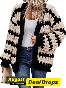 Women's Colorblock Drop Shoulder Knitting Cardigan, Casual Long Sleeve Open Front Knitwear for Fall & Winter, Fashion Women's Knit Clothing for Daily Wear, Longsleeves, Loose Womenswear, Lady Casual Chic Jumper