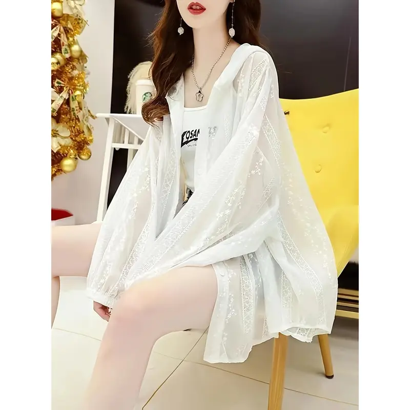 Women's Lightweight Lace Hooded UV Protection Cardigan - Summer Fashion, Breathable Polyester Blend, Sheer White with Floral Patterns 1