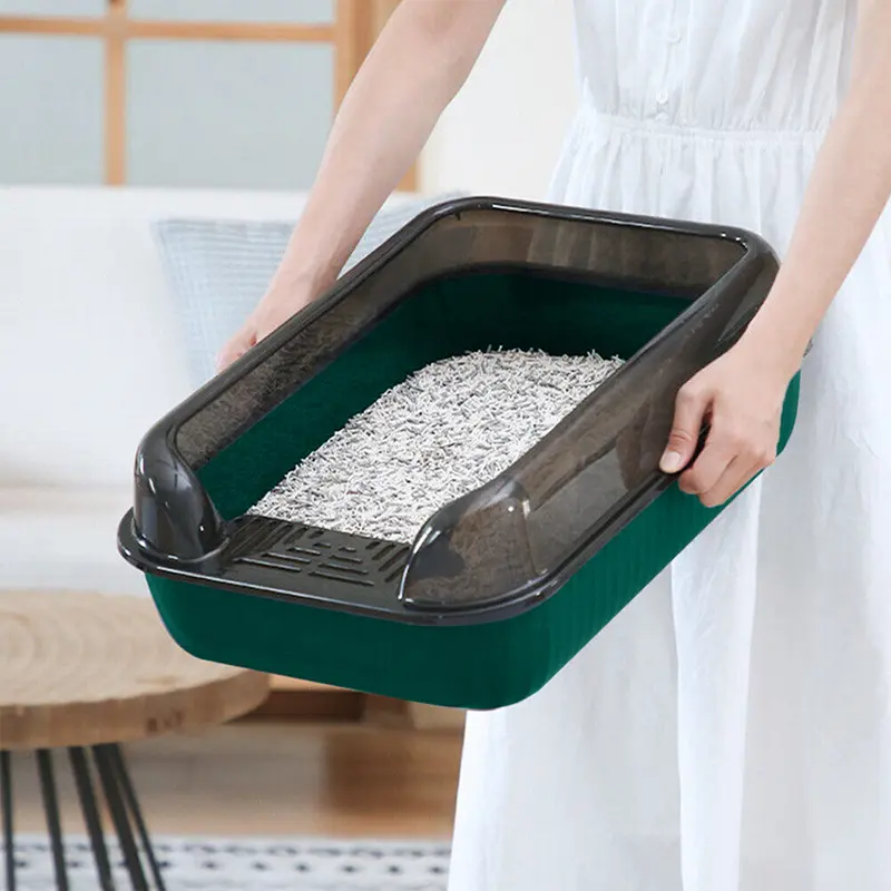 Large Cat Litter Tray Box, Plastic Open Cat Litter Box with Raised Rims and Detachable Rim, Litter Tray with Free Scoop, 50*34.5*17cm litter  box litter  tray 8