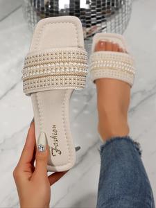 Women's Fashionable Rhinestone Decorated Slide Sandals, Casual Comfortable Square Toe Slide Sandals for Daily Wear, Lightweight Breathable Shoes for Women, Girl