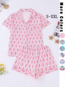 Women's Monkey Print Lapel Neck Button Front Shirt & Elastic Waist Shorts Pyjama Set, Casual Comfy Short Sleeve Pocket Top & Shorts PJ Set, Ladies Sleepwear for All Seasons Pajama Set