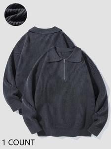 Men's Solid Zip Up Drop Shoulder Pullover, Regular Fit Casual Long Sleeve Collared Sweatshirt for Fall & Winter, Men's Clothes for Daily Wear