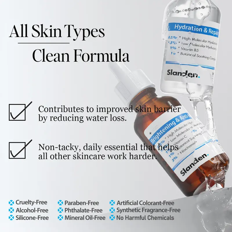 Slanden Serum + Cream Bundle: Essence & Moisturizer Duo Brighten & Renew. Deeply hydrate. Fade dark spots. Combat acne. Soothe skin. Repair damage. Reduce wrinkles. Firm skin. Smooth lines. Strengthen barrier. Tighten pores. Enhance glow. 2