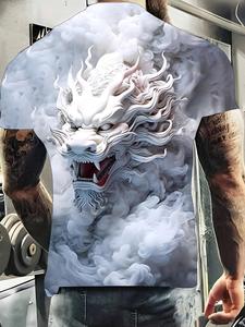 Men's Summer Casual Short Sleeve T-Shirt, Round Neck Dragon Print, High-Quality Fabric, Fitted Style, Perfect for Outdoor Use