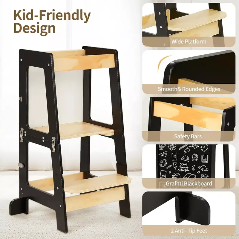 3-in-1 Toddler Learning Tower Kids Step Stool & Mini Desk with Safety Rail Black And white 5