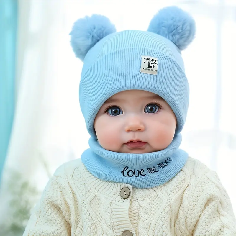RISELDAJOR  2pcs/Set Soft & Elastic Knitted Beanies for baby, Pom-Pom & Snood with Alphabet Design, Ideal for Casual Attire in Fall/Winter and Birthday Parties 3