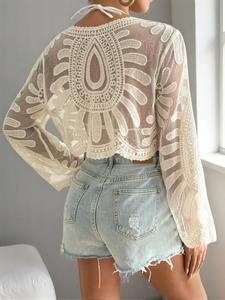 Women's Floral Embroidery Semi-sheer Scallop Trim Cover Up, Casual Long Sleeve Round Neck Beach Cover Ups for Beach Vacation, Ladies Clothes for All Seasons