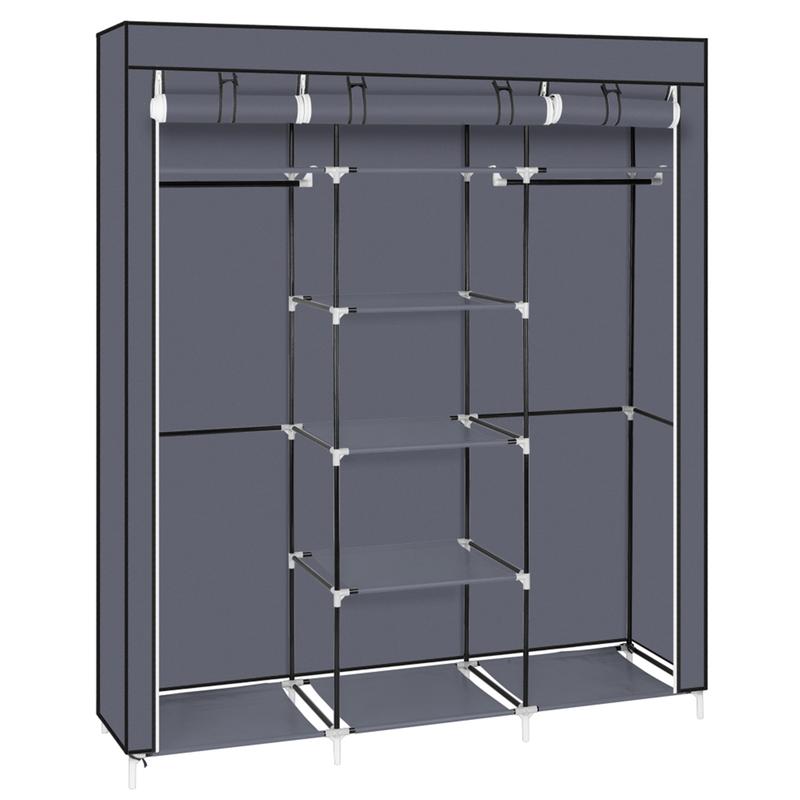 Portable Clothes Closet Non-Woven Fabric Wardrobe Double Rod Storage Organizer - Gray Racks 5