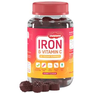 Chewwies Iron & Vitamin C Gummies - 30 Vegan Cherry Flavoured Gummies for Adults & Kids - High Strength Iron & Vitamin C - Sugar-Free, Halal, Gluten-Free - 1 Month Supply - Healthcare