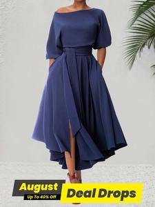 Women's Plain Belted Split Boat Neck Dress, Elegant Bishop Sleeve A Line Dress for Summer, Summer Outfits 2024, Fashion Women's Dress for Daily Wear, Holiday Outfits 2024