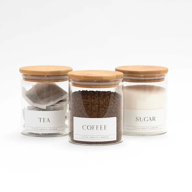 Set of 3 Glass Jars with Bamboo Lid - Tea, Coffee and Sugar (Slim label) 450 ML 0