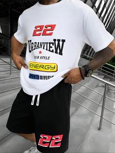 Men's Letter Print Tee & Drawstring Waist Shorts Two-Piece Set, Regular Fit Round Neck Short Sleeve T-Shirt & Track Shorts, Casual Summer Clothes Set for Outdoor