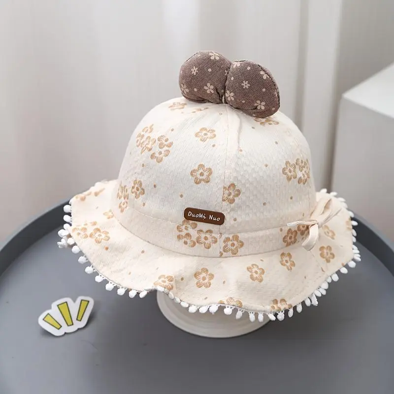 Youngsters's hat spring and summer Korean style pull cord boy/girl fisherman hat, bow lace princess bucket hat, beach hat, cute and adorable sun protection windproof hat with adjustable size 1
