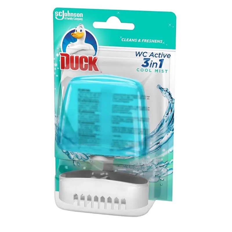Duck 3-in-1 Liquid Rim Block in Cool Mist scent. It is a toilet bowl cleaner designed to clip onto the rim of the toilet bowl Scented