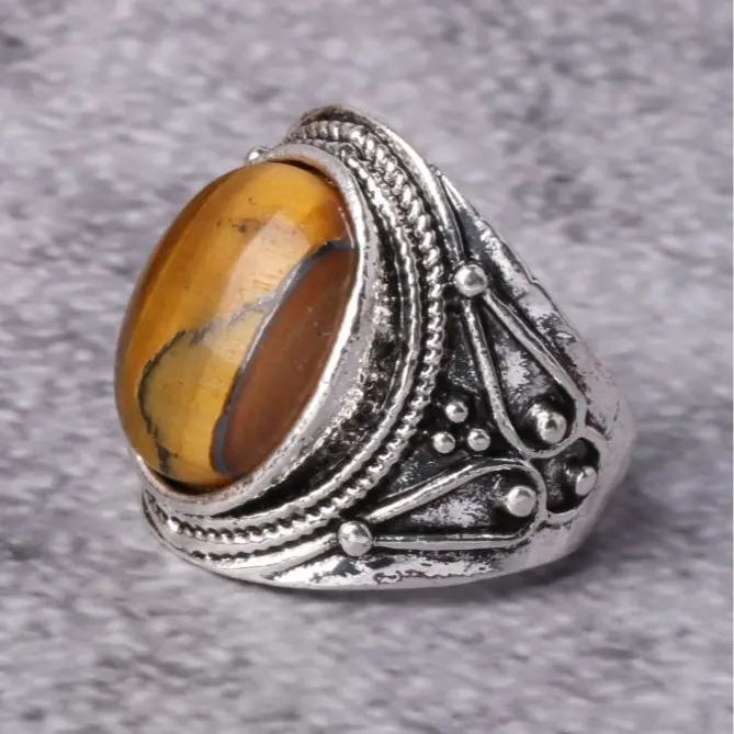 Men's Ring, Vintage Silver Alloy Plated Tiger Eye Stone Ring, Vintage Holiday Style Stone Ring, Multiple Color Options 1