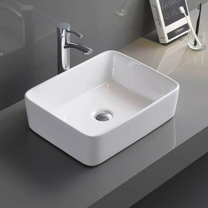Modern White Ceramic Countertop Basin Rectangular Bathroom Sink | Stylish Cloakroom Wash Bowl for Vanity Unit, Ensuite or WC | Gloss Finish, Easy Clean & Durable | Space Saving Contemporary Counter Top Vessel Basin Sink for Home UK 1