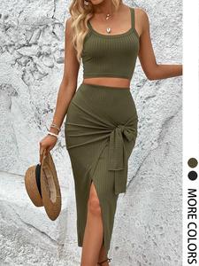 Women's Solid Ribbed Wrap Skirt Set, Casual Minimalist Crop Cami Top & Knot Front Split Skirt, Ladies Clothes for Summer, Sleeveless Womenswear, Cozy Lounge Set, Casual Matching Set, Casual Loungewear Set