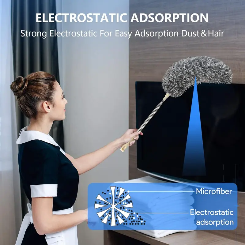 Extendable Feather Duster,Microfiber Duster with 100'' Telescopic Stainless Steel Extension Pole and Soft Silicone Cap,Easy to Absorb Dust Anti Static,Perfect for Cleaning Cobweb,Ceiling Fan,Car etc 4