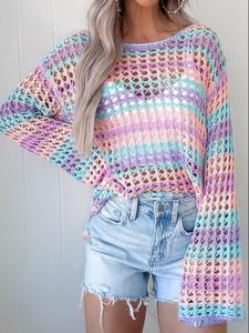 Women's Colorblock Hollow Out Sweater, Casual Long Sleeve Jumper for Daily Holiday Vacation Wear, Ladies Knitwear for Spring, Womenswear, Tops