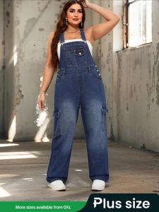 【Plus Size】 Denim Overall Jumpsuit without Inner Top, Casual Fashion Sleeveless Straight Leg Overall Jumpsuit for Daily Wear, Women's Plus Size Overalls for All Seasons, Basic Womenswear, Casual Comfy Jumpsuit, Summer Overalls