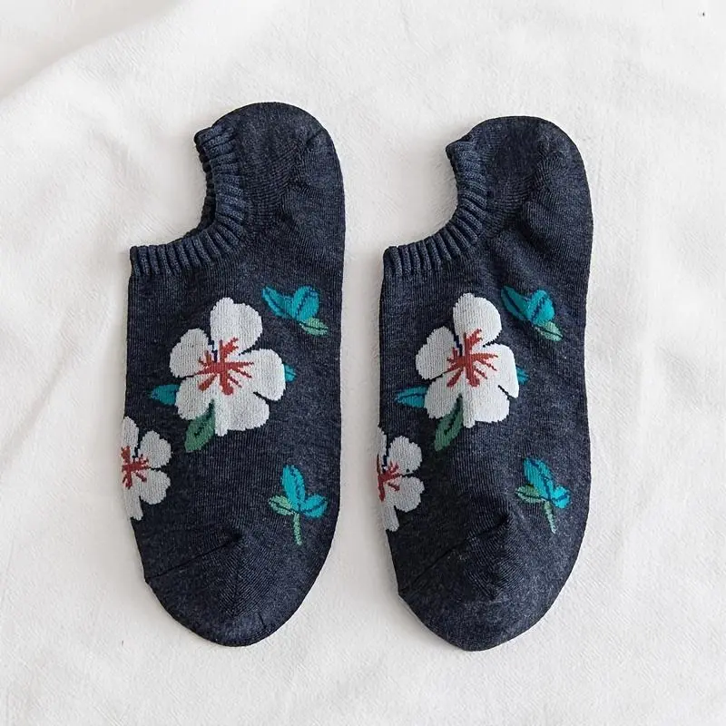 5-Pair Women'S No-Show Floral Socks - Breathable Stretch Polyester with Comfort Rib-Knit 2