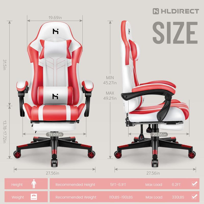 Gaming Chair, Ergonomic Computer Chair with Footrest, Height Adjustable Office Chair for Adults with 360° Swivel Headrest and Lumbar Support for Gaming or Office, White-Red 4