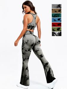 Women's Tie Dye Print Racer Back Bra & Ruched High Waist Flare Leg Pants Tracksuit Set, Breathable Sleeveless Crop Top & High Rise Leggings, Ladies Sportswear for Indoor Outdoor Wear